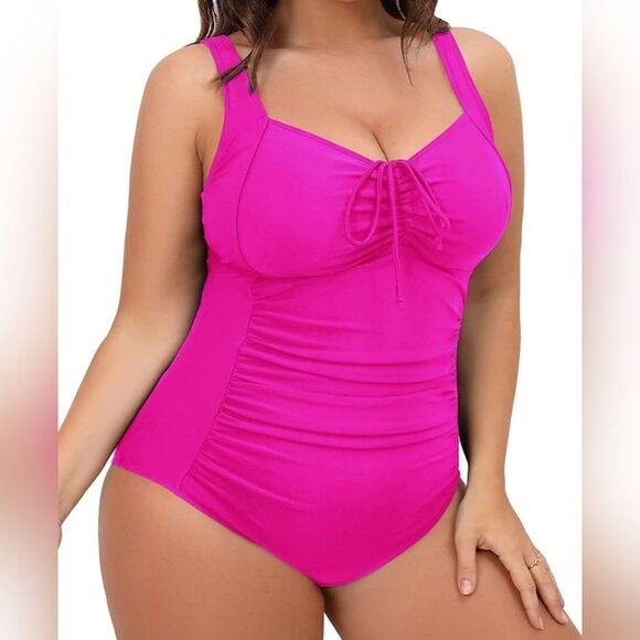 DACI Retro Tummy Control Ruched Barbie Hot Pink Adjustable Plus Swimsuit NWT 20W - Picture 4 of 13